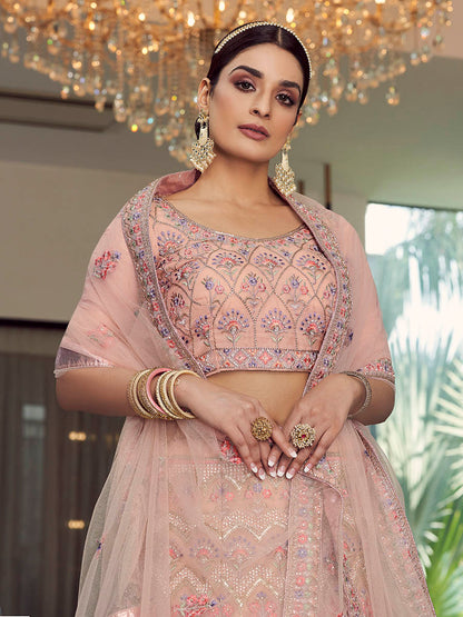 Myra Peach Organza Floral Print Embroidered Designer Lehenga - Distacart