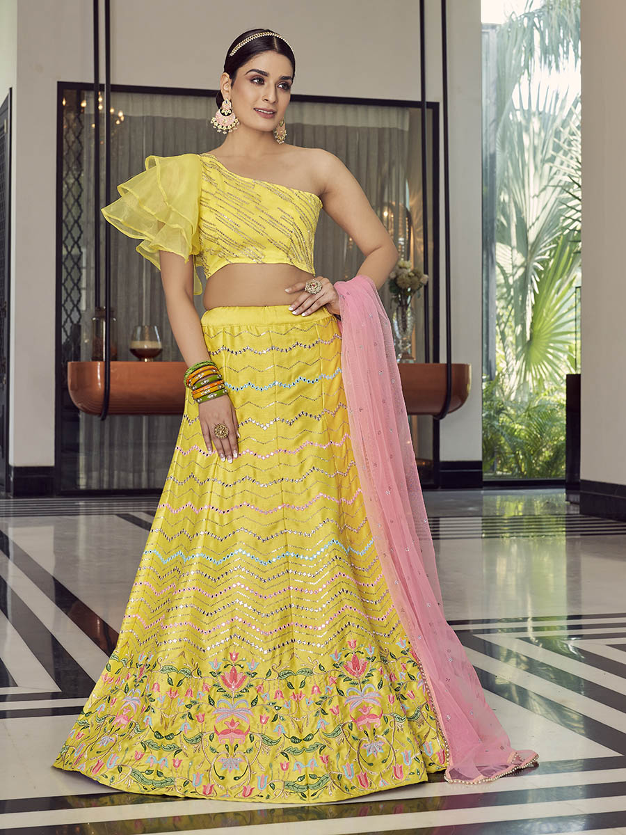 Myra Yellow Art Silk Mirror Work Designer Lehenga - Distacart
