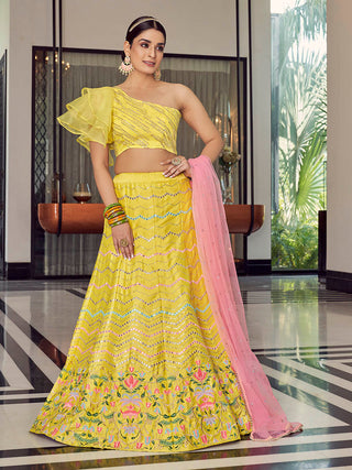 Myra Yellow Art Silk Mirror Work Designer Lehenga - Distacart