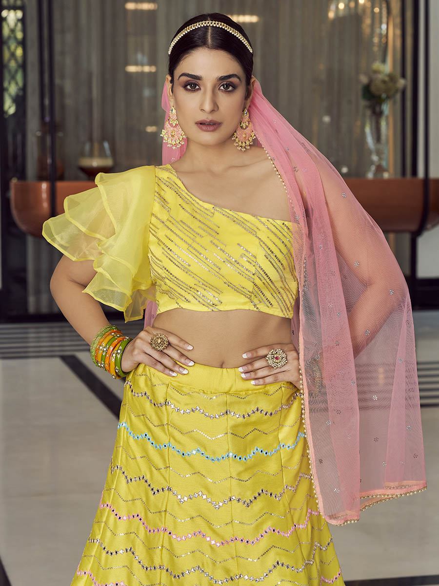 Myra Yellow Art Silk Mirror Work Designer Lehenga - Distacart