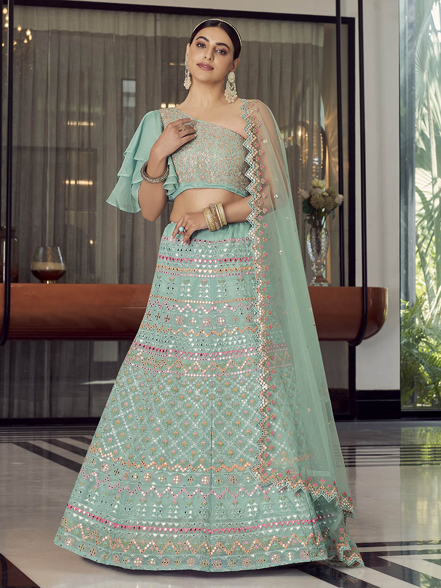Myra Turquoise Organza Floral Print Embroidered Designer Lehenga - Distacart