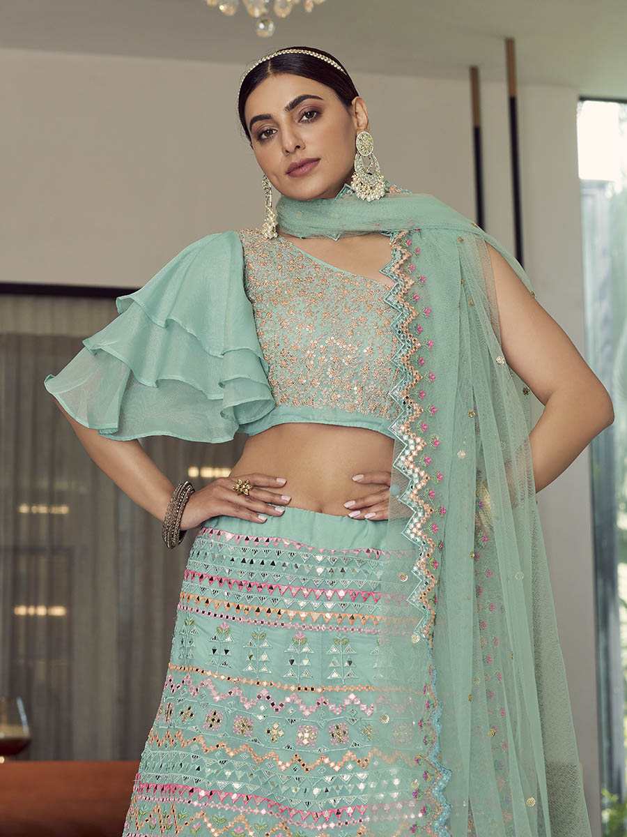 Myra Turquoise Organza Floral Print Embroidered Designer Lehenga - Distacart