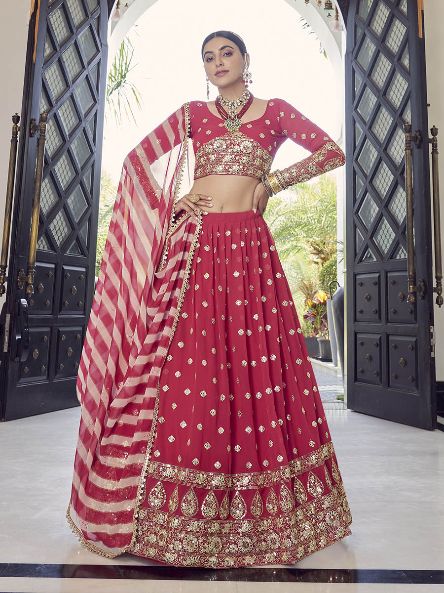Myra Coral Red Georgette Embroidered Designer Lehenga - Distacart