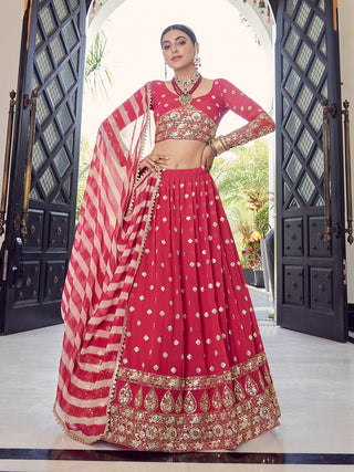 Myra Coral Red Georgette Embroidered Designer Lehenga - Distacart