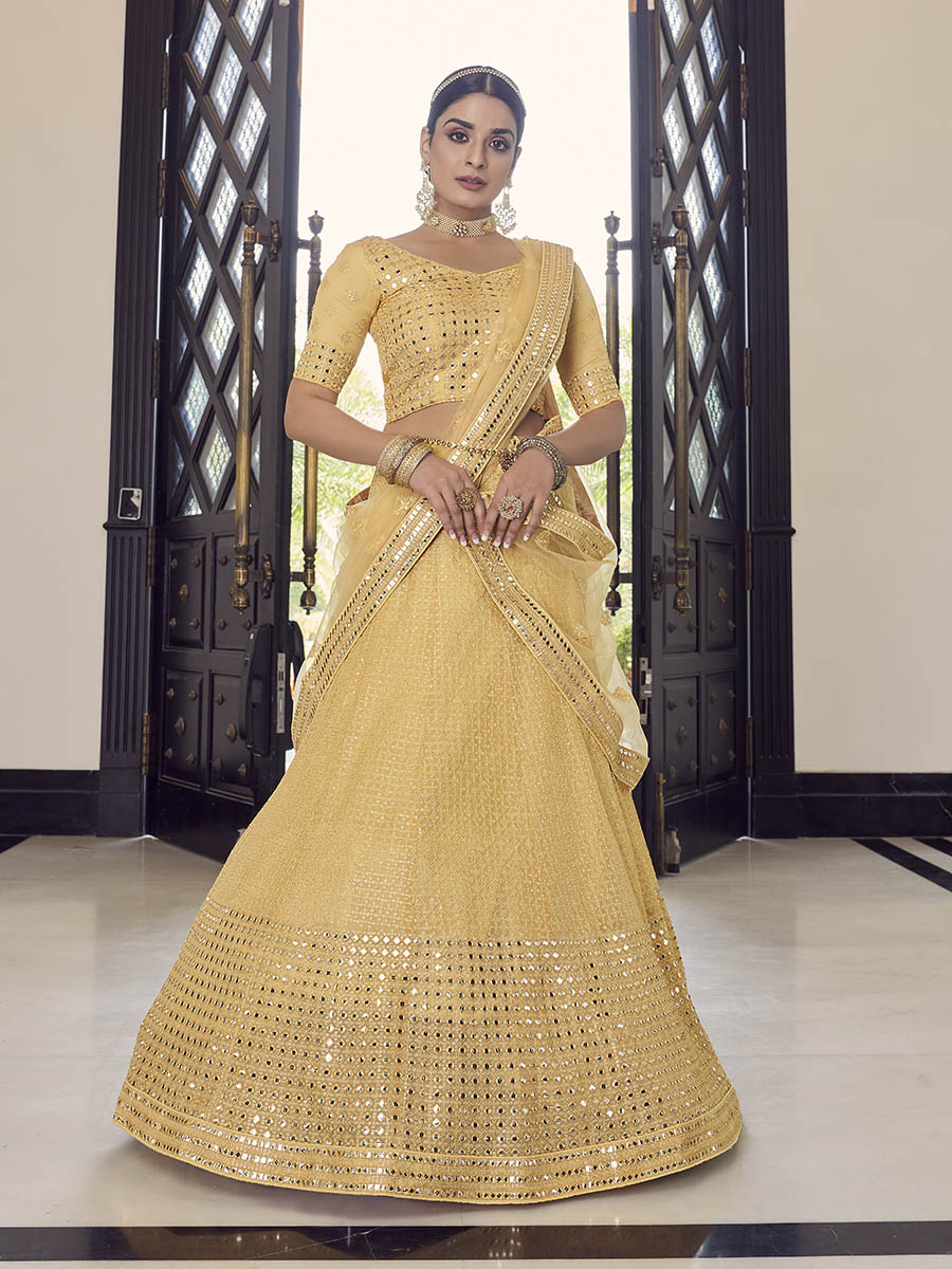 Myra Yellow Georgette Embroidered Designer Lehenga - Distacart