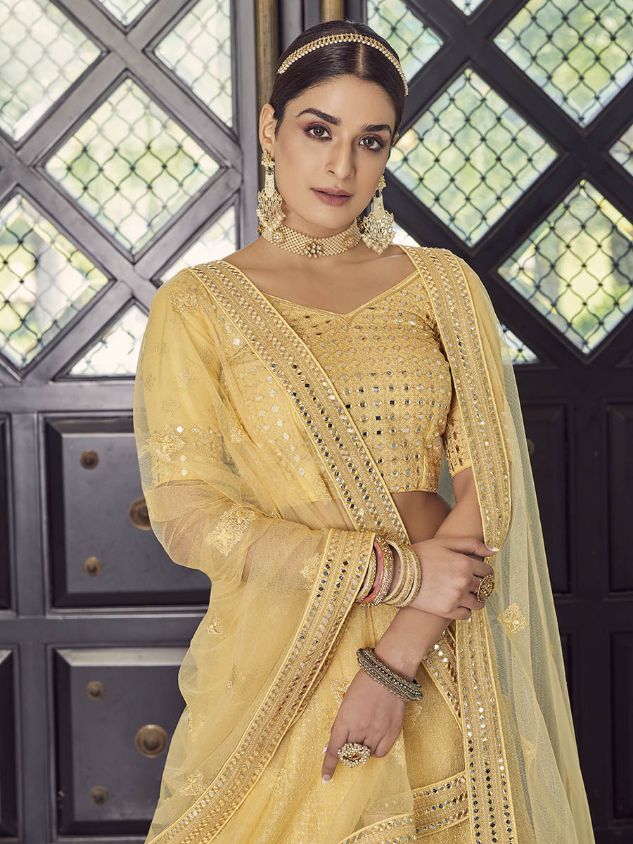Myra Yellow Georgette Embroidered Designer Lehenga - Distacart