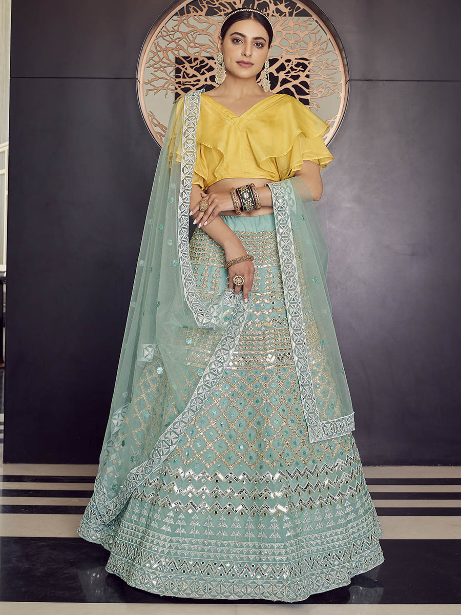 Myra Turquoise Organza Embroidered Designer Lehenga - Distacart