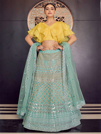 Myra Turquoise Organza Embroidered Designer Lehenga - Distacart