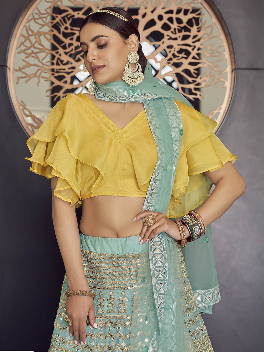 Myra Turquoise Organza Embroidered Designer Lehenga - Distacart