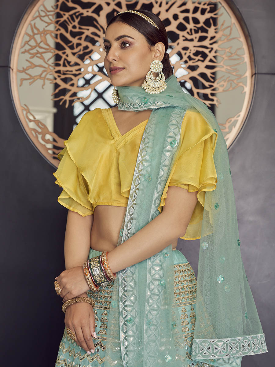 Myra Turquoise Organza Embroidered Designer Lehenga - Distacart