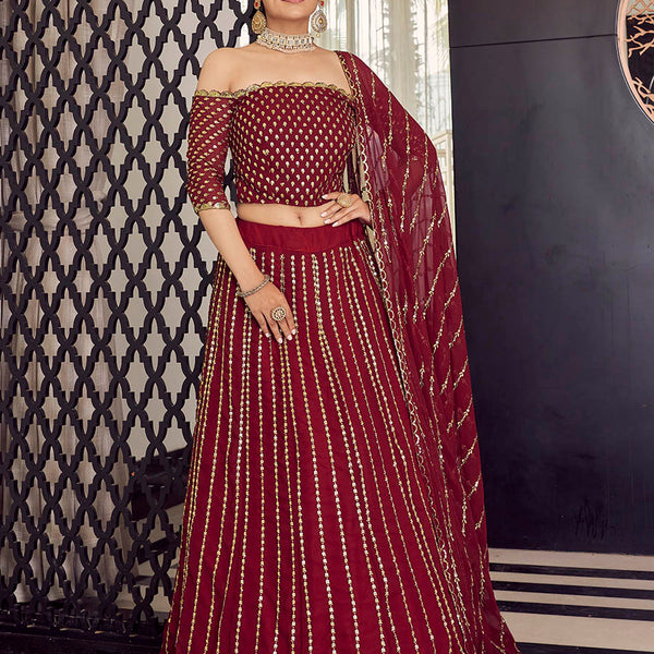 Myra Maroon Georgette Embroidered Designer Lehenga - Distacart