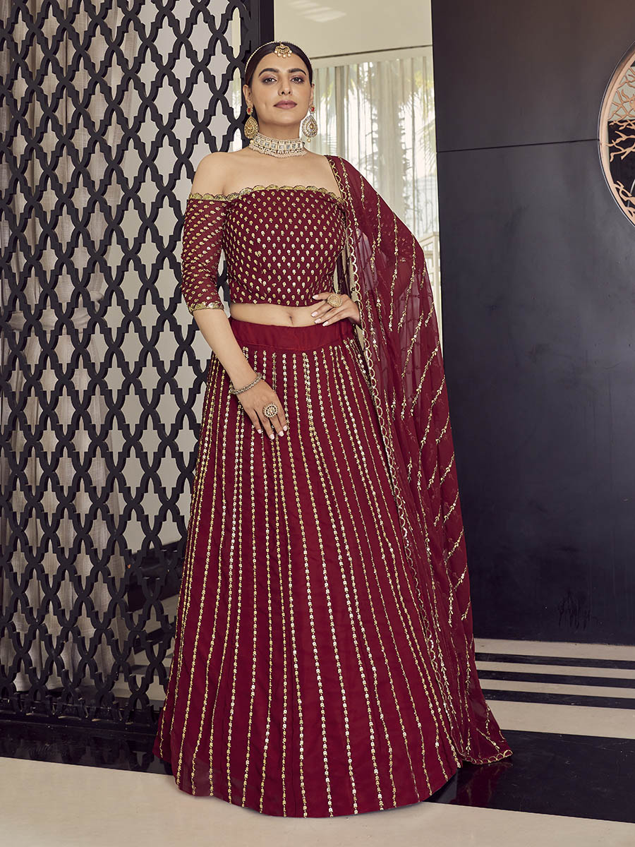 Myra Maroon Georgette Embroidered Designer Lehenga - Distacart