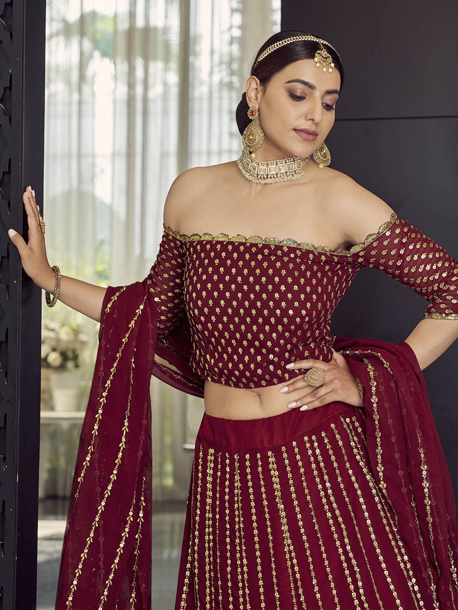 Myra Maroon Georgette Embroidered Designer Lehenga - Distacart