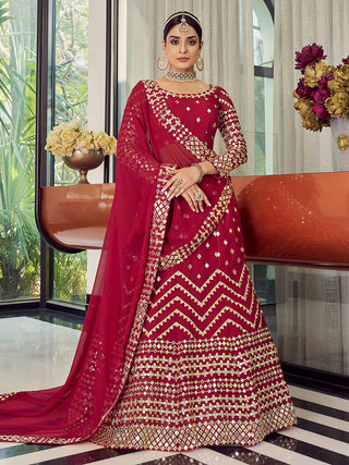 Myra Coral Red Georgette Embroidered Designer Lehenga - Distacart