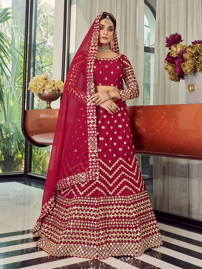 Myra Coral Red Georgette Embroidered Designer Lehenga - Distacart