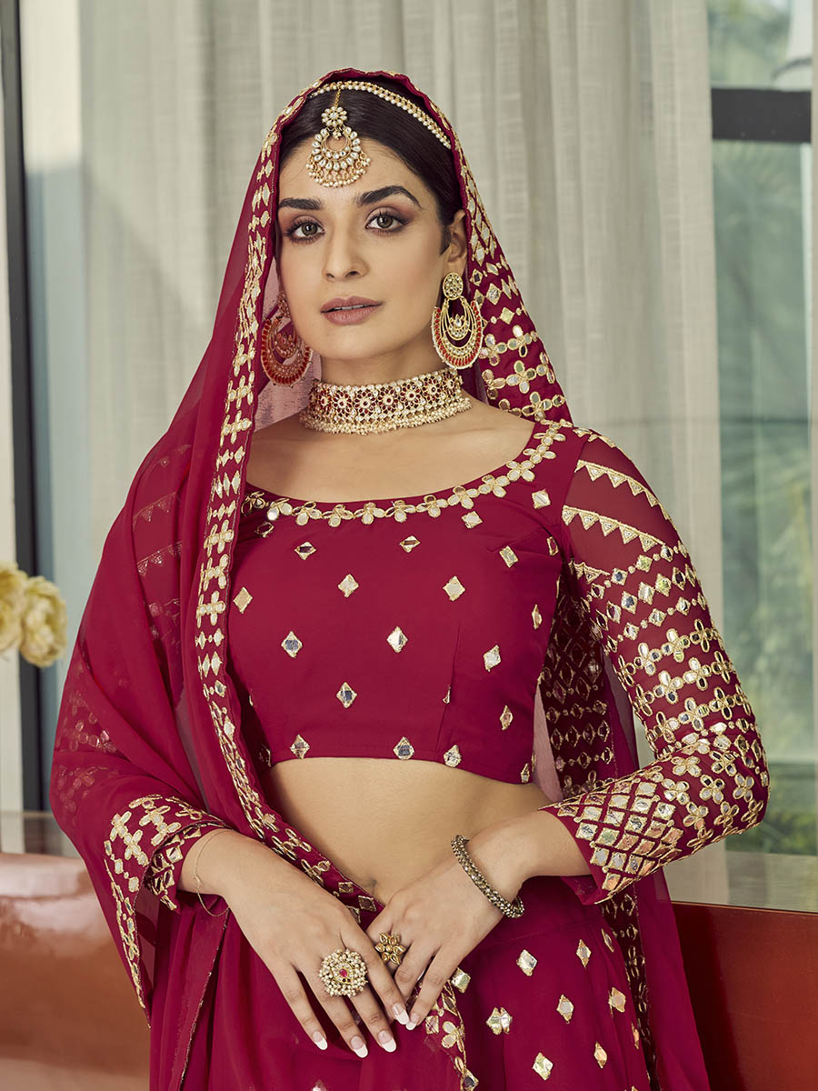 Myra Coral Red Georgette Embroidered Designer Lehenga - Distacart