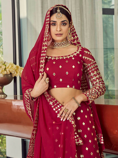 Myra Coral Red Georgette Embroidered Designer Lehenga - Distacart