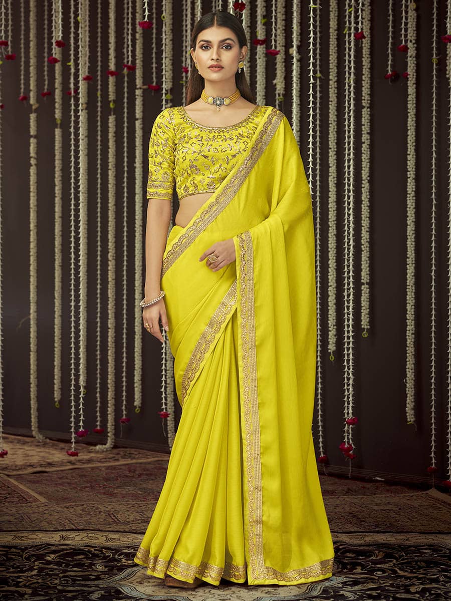 Myra Yellow Chinon Silk Heavy Embroidered Designer Saree - Distacart