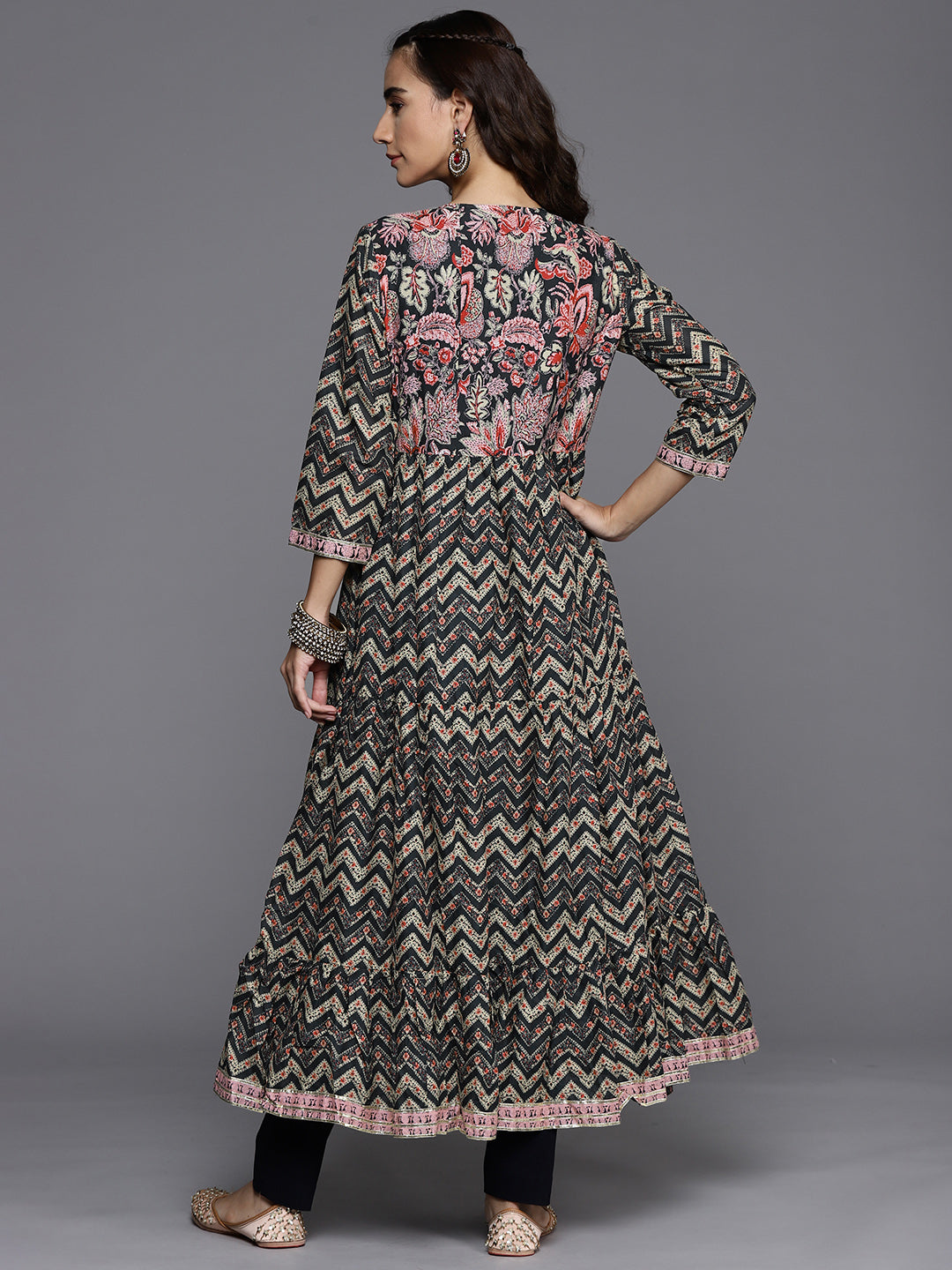Biba Women Black & Beige Chevron Printed Anarkali Kurta - Distacart