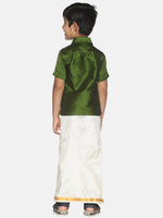 Thumbnail for Sethukrishna Boys Green Shirt & Cream-Coloured & Zari Border Veshti Set - Distacart