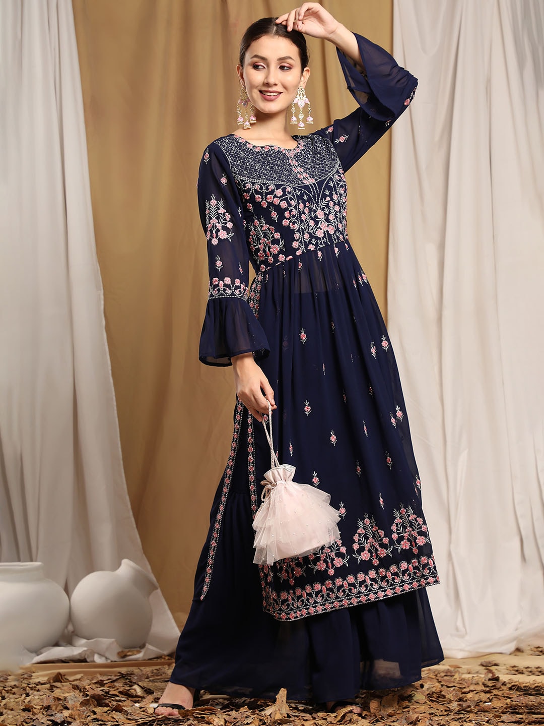 Kalini Floral Embroidered Kurta With Sharara - Distacart
