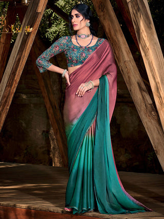 Saree Mall Mauve & Turquoise Blue Ombre Embellished Sarees - Distacart