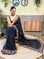 Thumbnail for Mitera Black & Pink Floral Sequinned Saree - Distacart