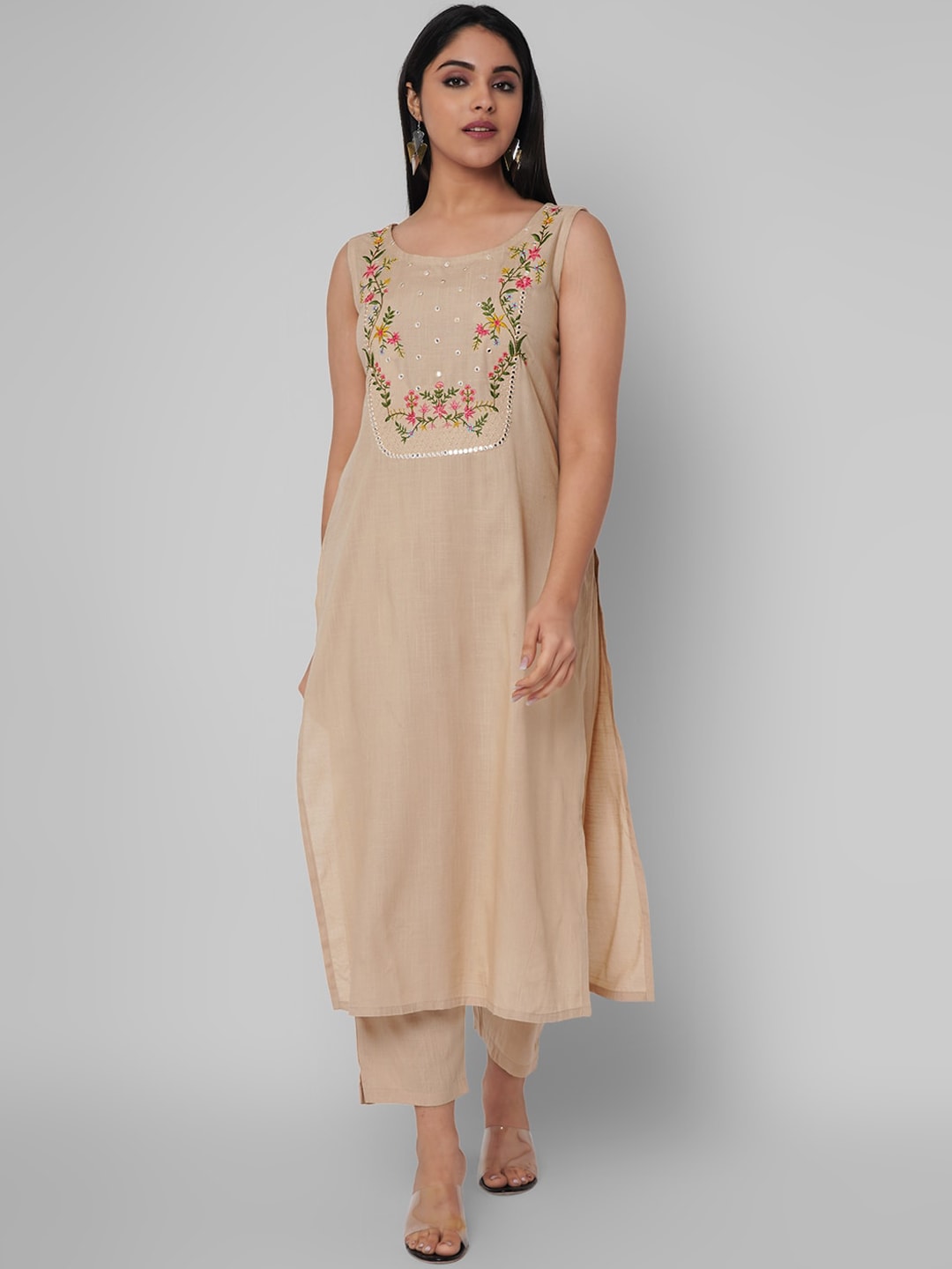 Kalini Women Beige Yoke Design Mirror Work Kurta with Trousers - Distacart
