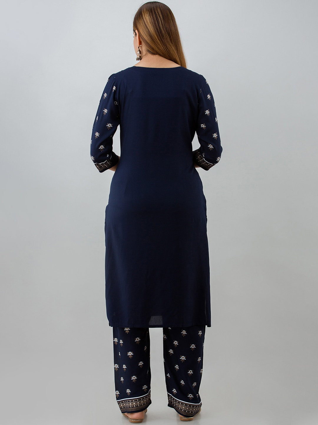 HERE&NOW Navy Blue Ethnic Motifs Printed Kurta with Trousers - Distacart