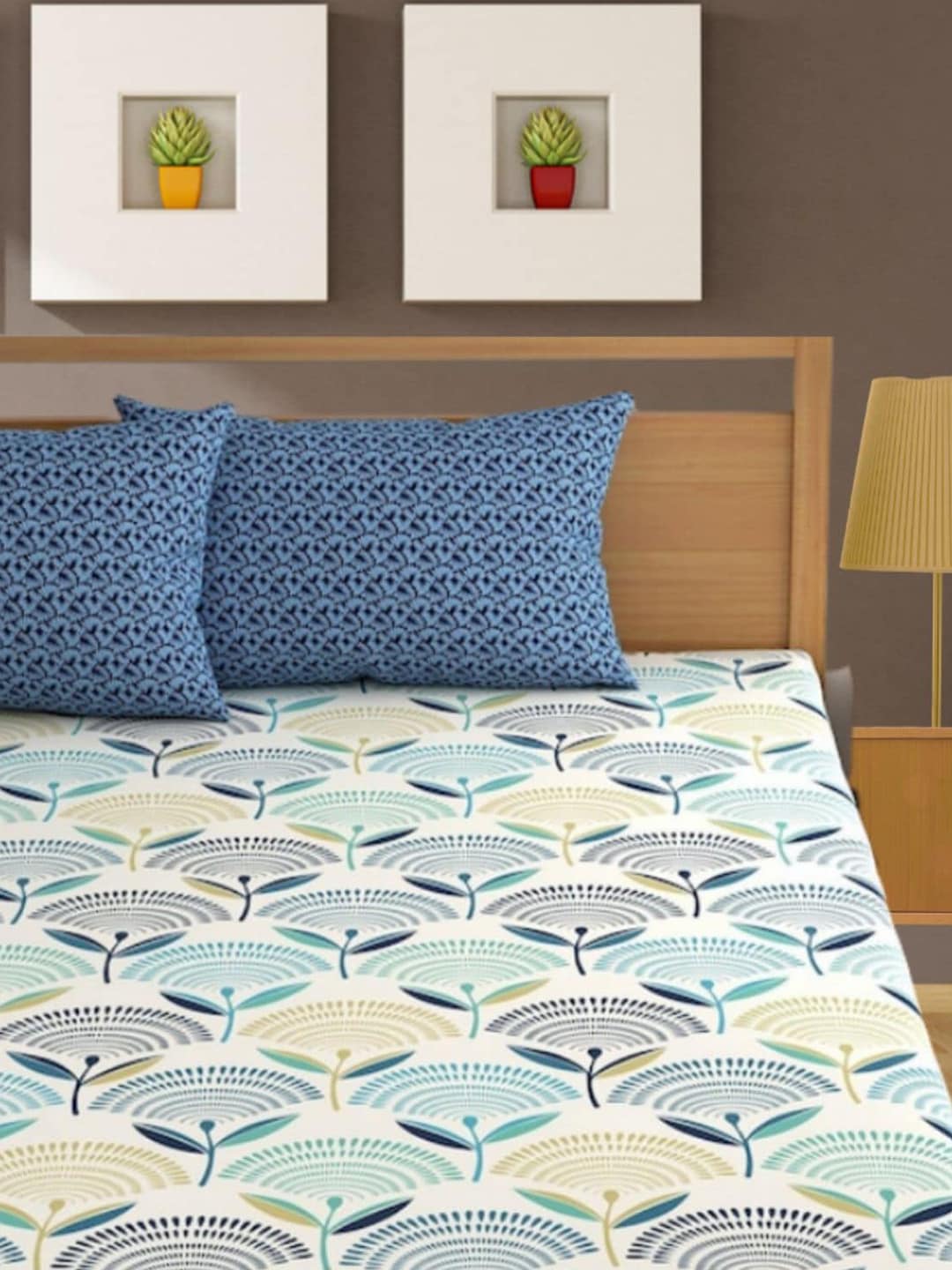 Bajo's White & Green Ethnic Motifs 350 TC Cotton King Bedsheet with 2 Pillow Covers - Distacart