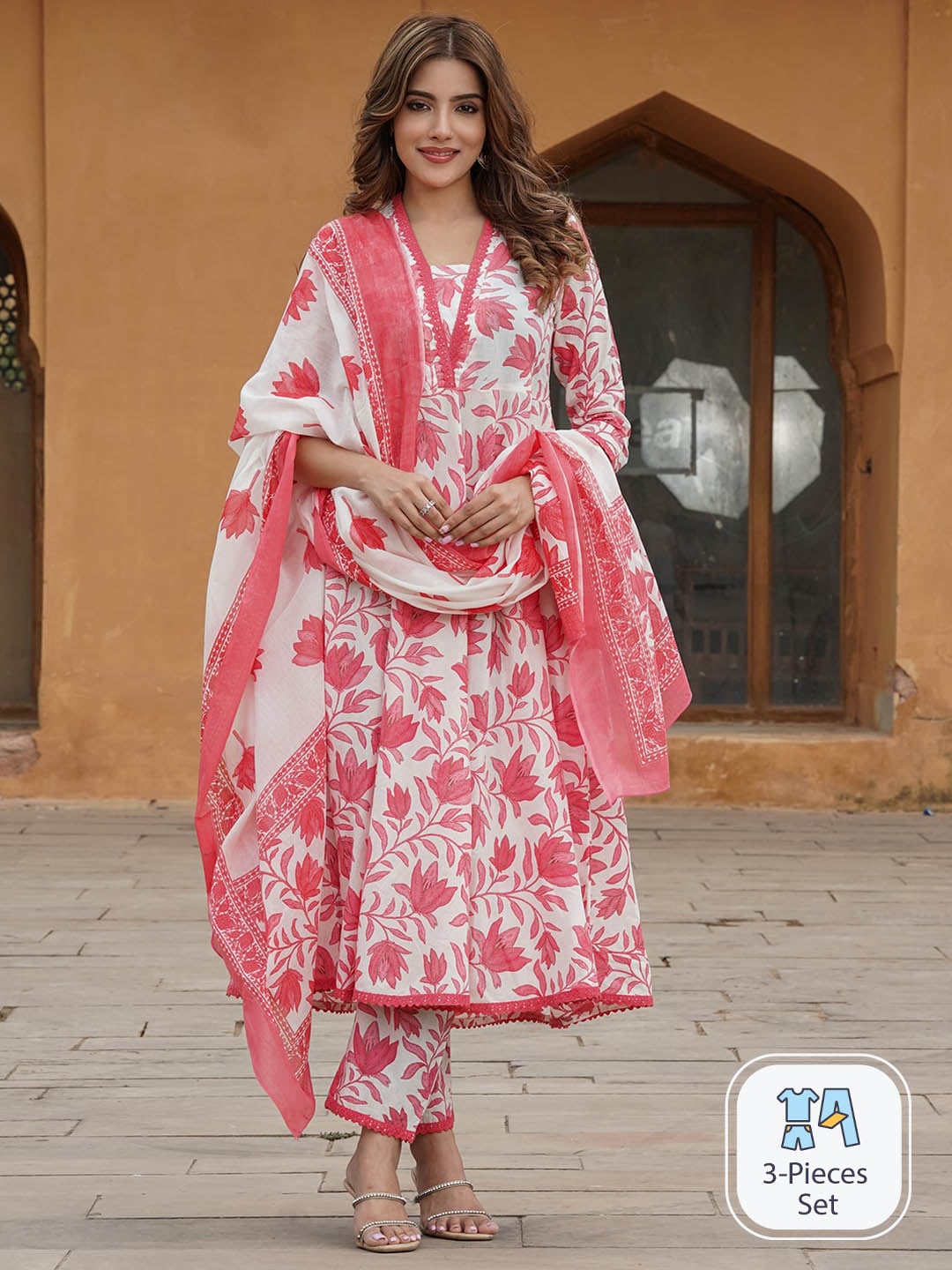 Kalini Floral Printed V-Neck Regular Kurta With Trousers & Dupatta - Distacart