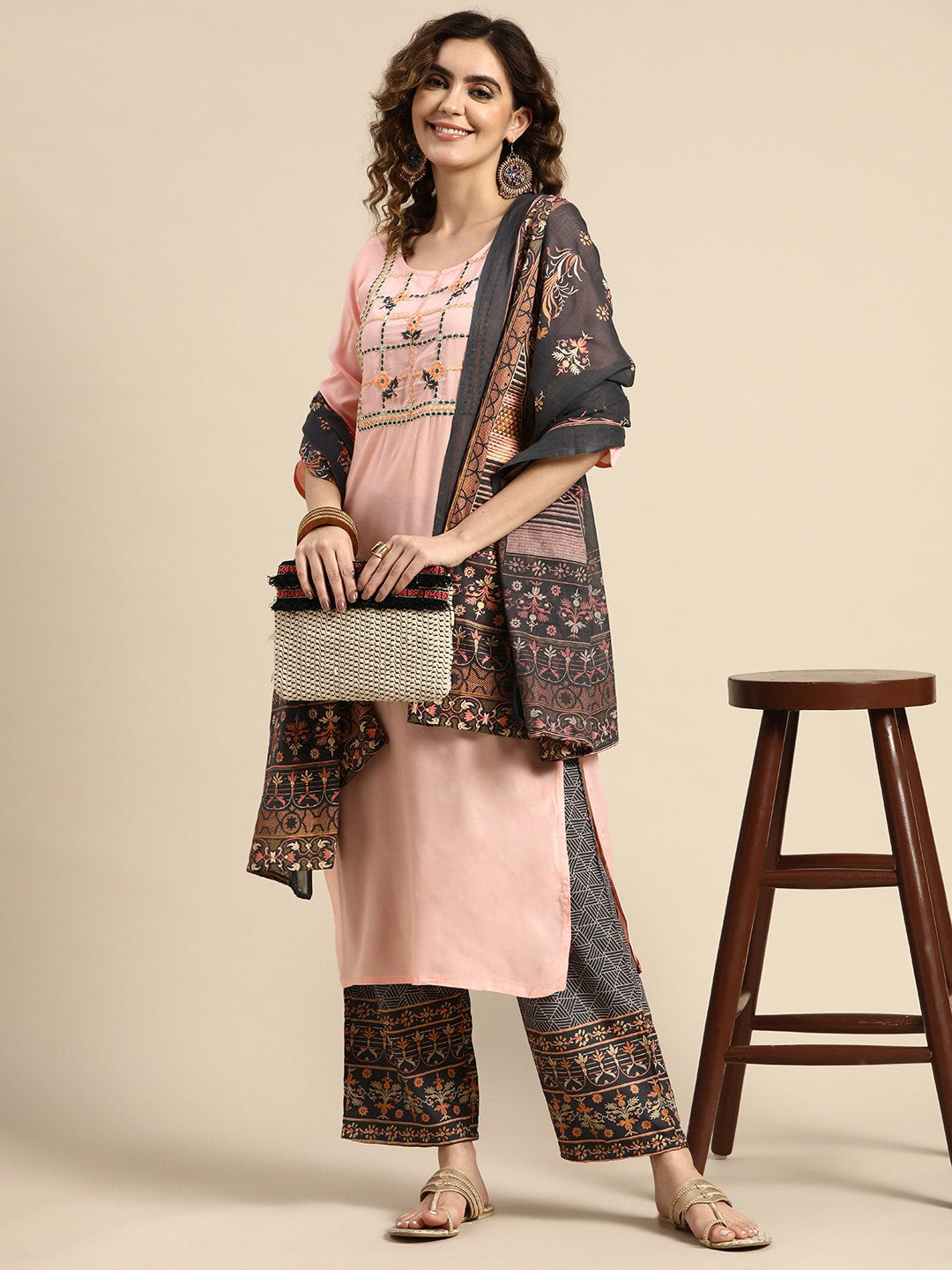 Sangria Women Floral Embroidered Thread Work Chanderi Silk Kurta With Palazzos & Dupatta - Distacart