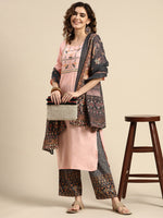 Thumbnail for Sangria Women Floral Embroidered Thread Work Chanderi Silk Kurta With Palazzos & Dupatta - Distacart