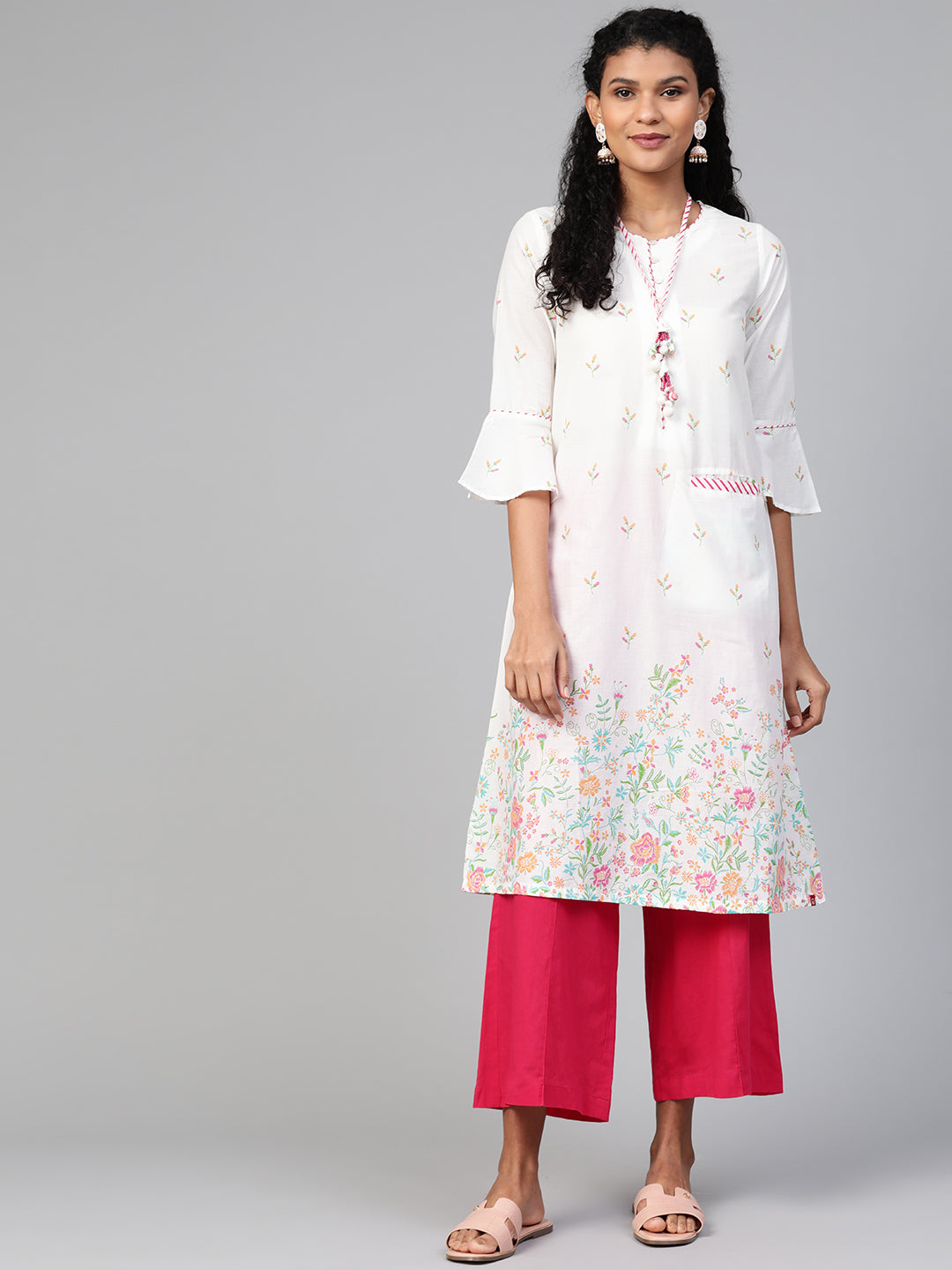 Biba Women White & Mustard Yellow Floral Printed A-Line Kurta With Neck Piece - Distacart