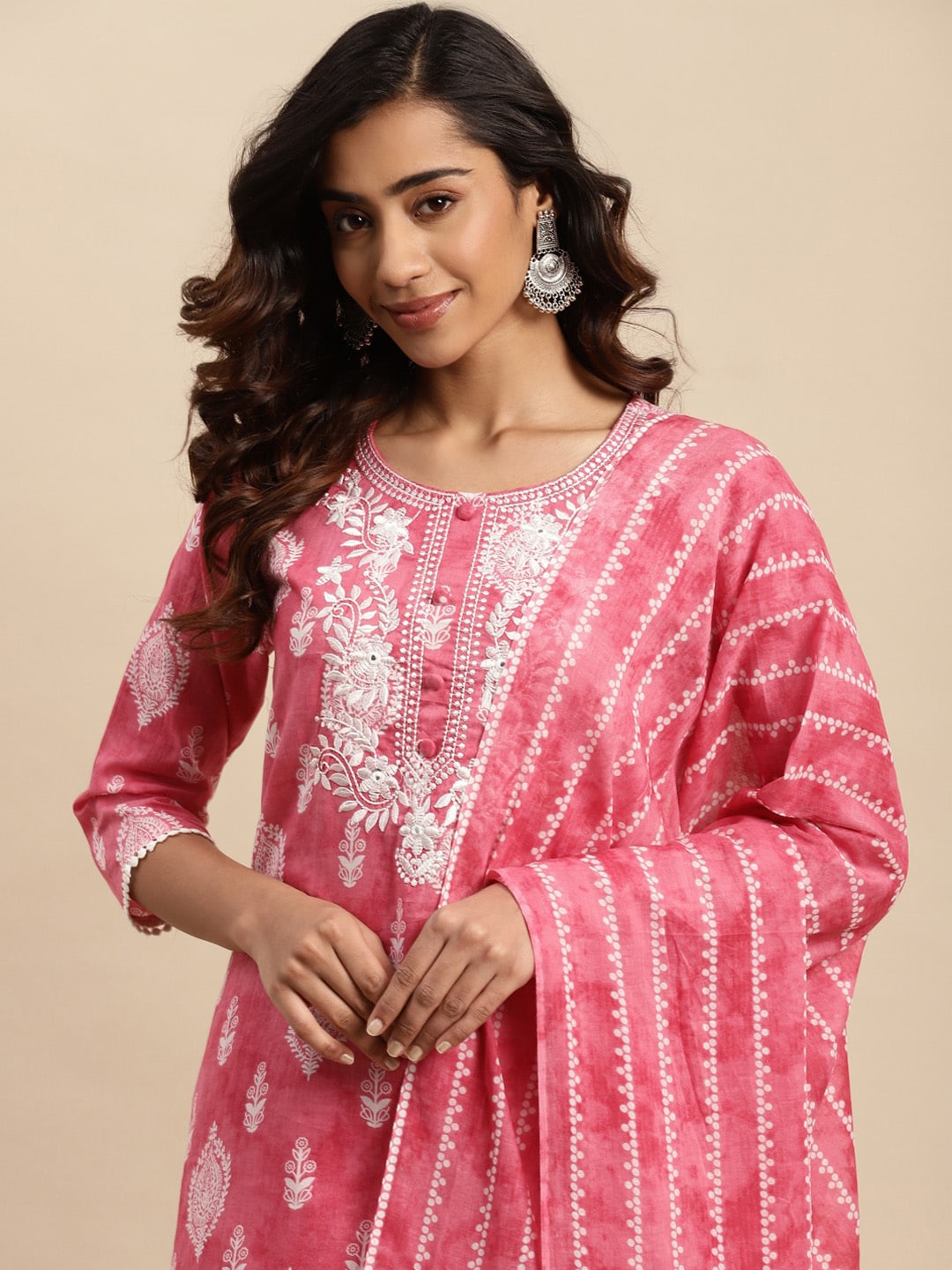 Sangria Ethnic Motifs Printed Thread Work Pure-Cotton A-Line Kurta With Trouser & Dupatta - Distacart