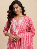 Thumbnail for Sangria Ethnic Motifs Printed Thread Work Pure-Cotton A-Line Kurta With Trouser & Dupatta - Distacart