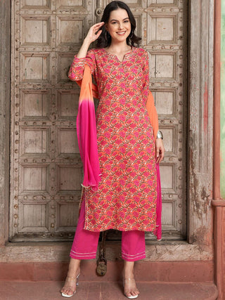 Sangria Floral Printed Gotta Patti Pure Cotton Straight Kurta with Trousers & Dupatta - Distacart