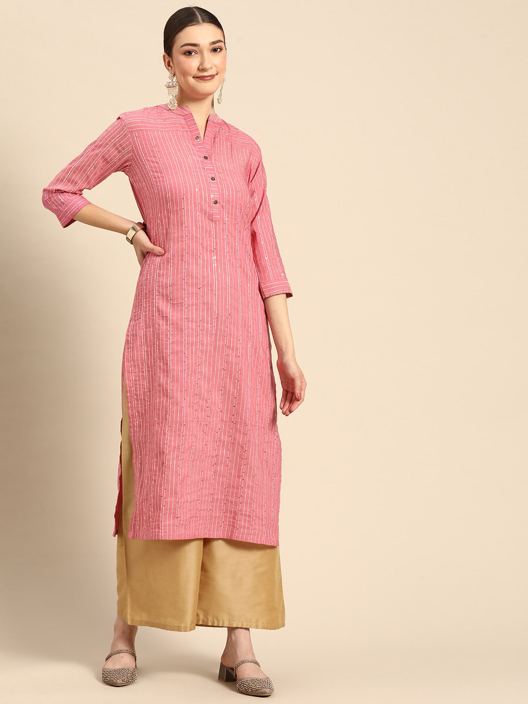Sangria Women Peach-Coloured & White Striped Mandarin Collar Kurta - Distacart
