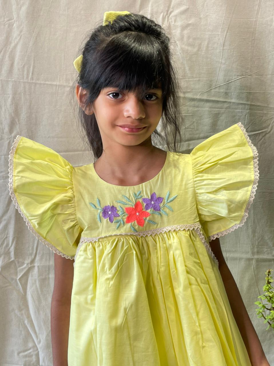 ArthLife Yellow Flower Embroidered Lace Dress - Distacart