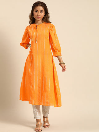 Sangria Women Jacquard Chanderi Silk Tie-Up Neck Puff Sleeves Kurta With Sequin Detail - Distacart