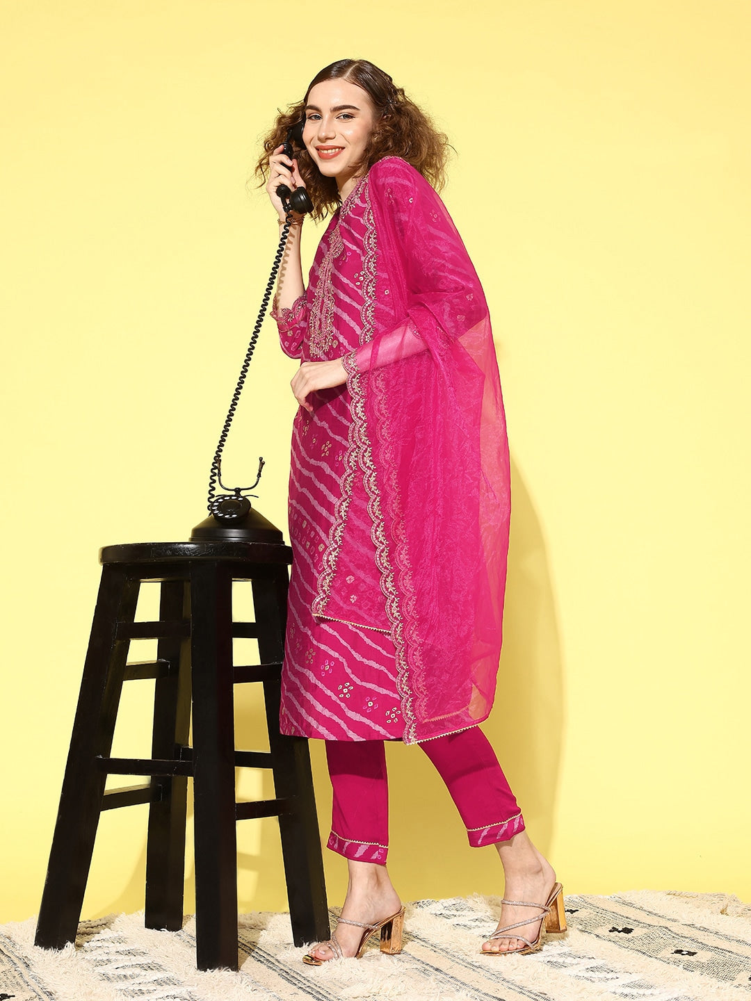 Sangria Women Leheriya Printed Regular Thread Work Kurta with Trousers & With Dupatta - Distacart