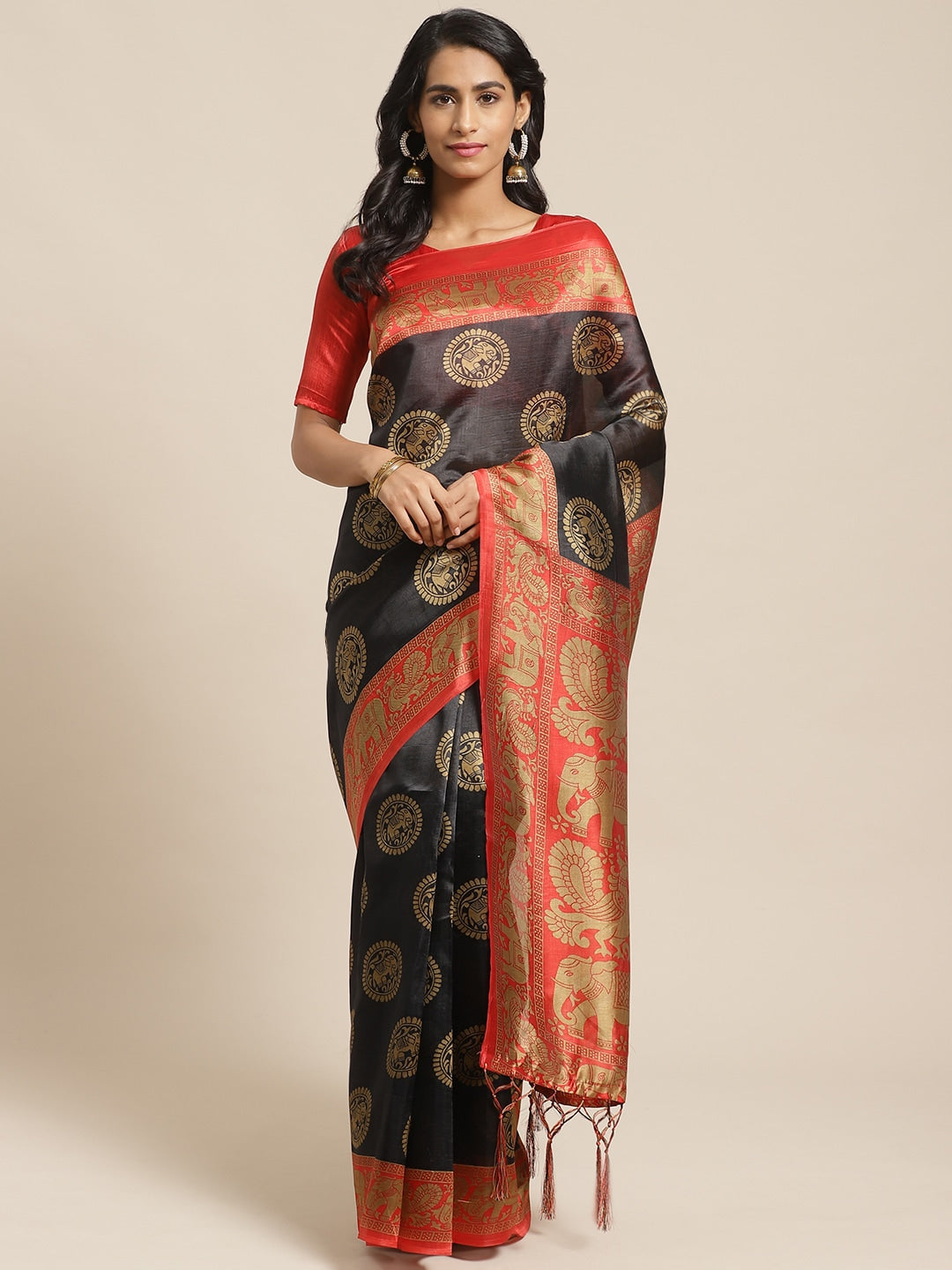 Saree Mall Black & Beige Art Silk Printed Bhagalpuri Saree - Distacart