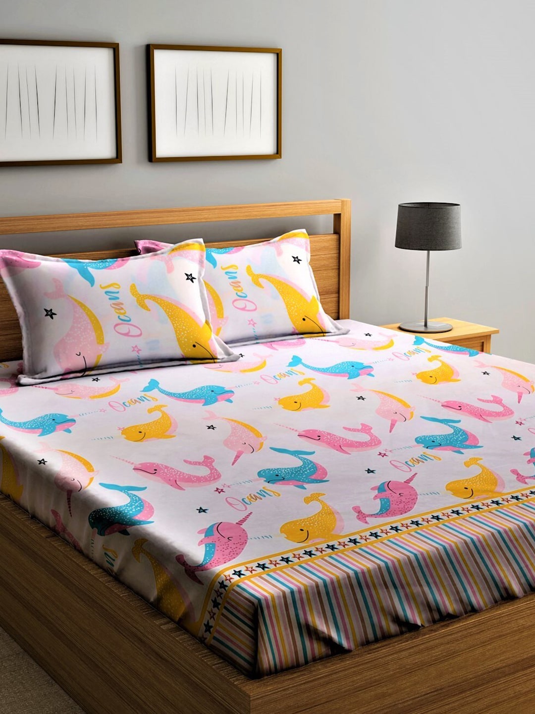 Home Sizzler Pink & Blue Cartoon 210 TC Cotton Bedsheet with Pillow Covers - Distacart