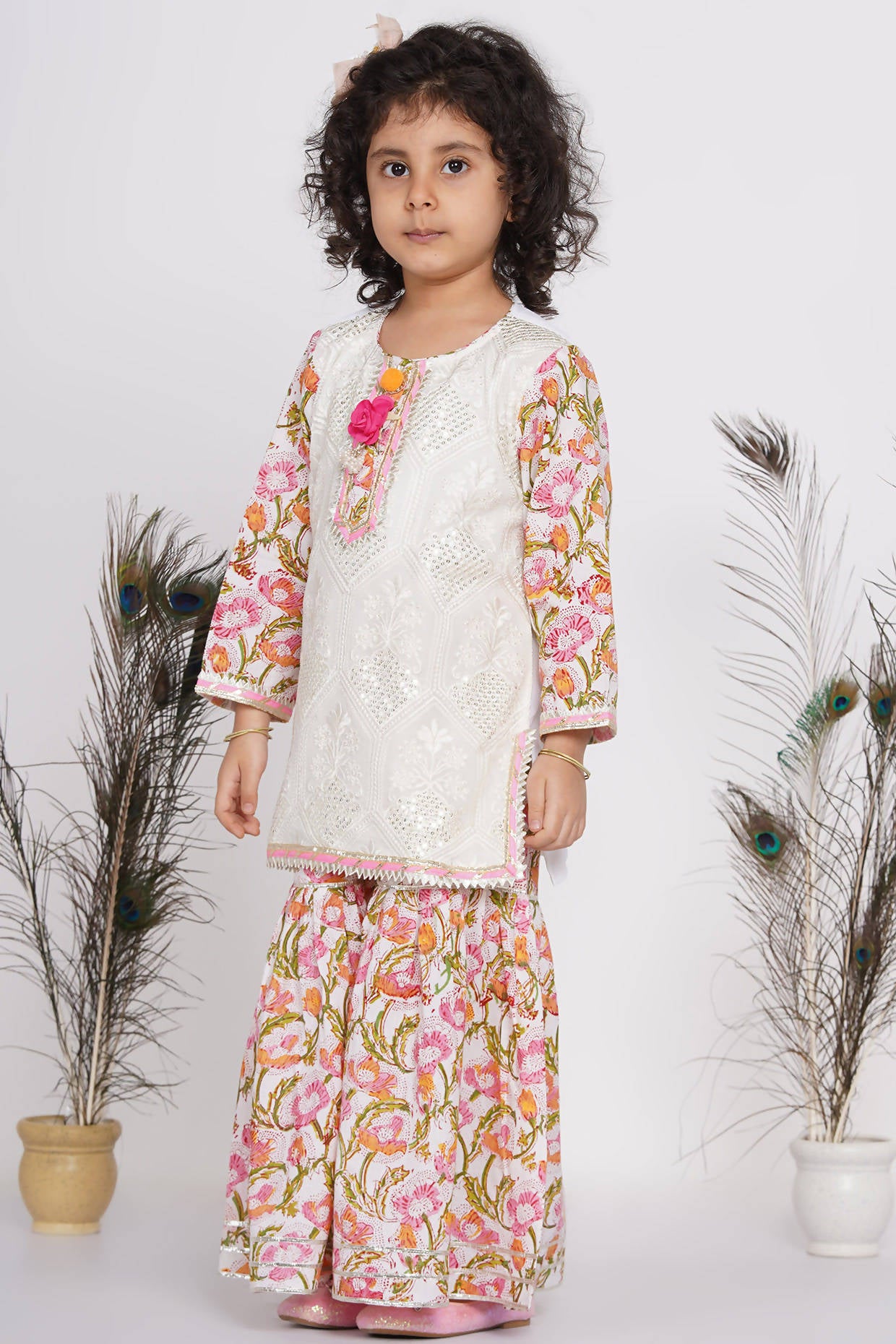 Little Bansi Cotton Floral work Kurta with Floral Sharara & Dupatta - White - Distacart