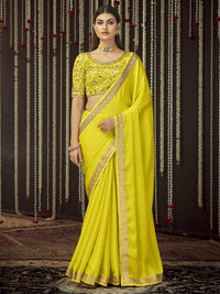 Thumbnail for Myra Yellow Chinon Silk Heavy Embroidered Designer Saree - Distacart