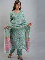 Thumbnail for Kalini Women Sea Green Floral Yoke Design Pleated Pure Cotton Kurta with Trousers & With Dupatta - Distacart