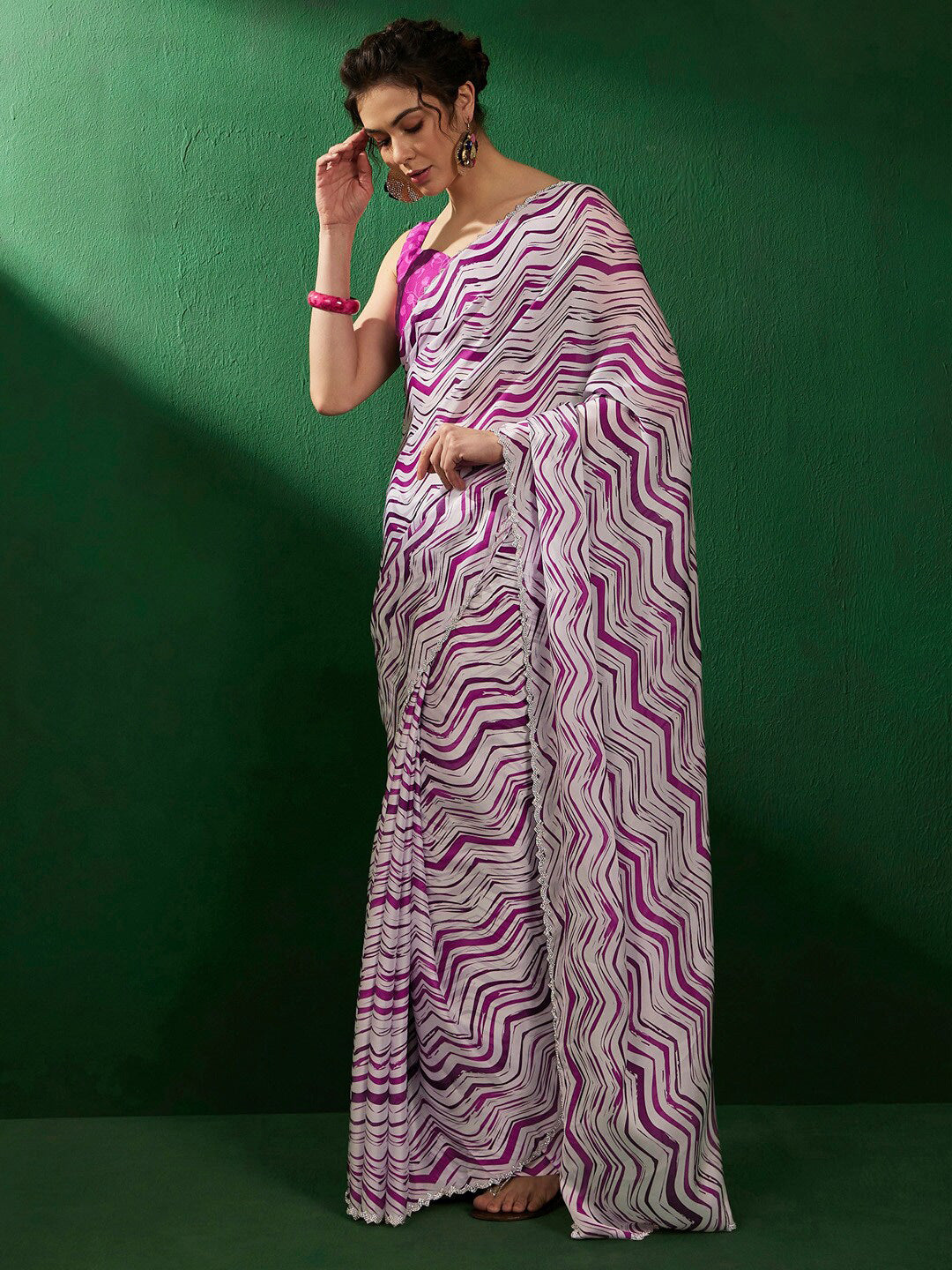 Sangria Geometric Printed Embellished Satin Saree - Distacart