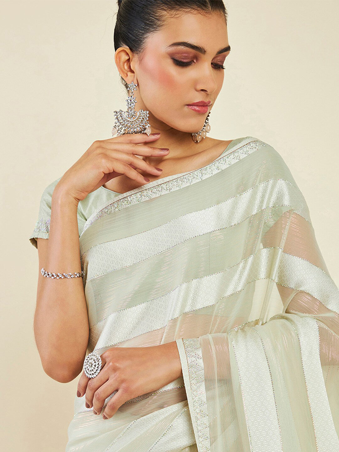 Soch Striped Embellished Zari Pure Georgette Saree - Distacart
