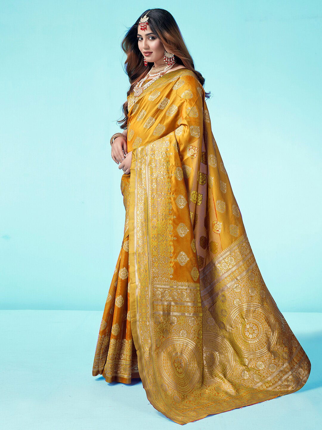Kalini Yellow & Gold-Toned Woven Design Zari Banarasi Saree - Distacart