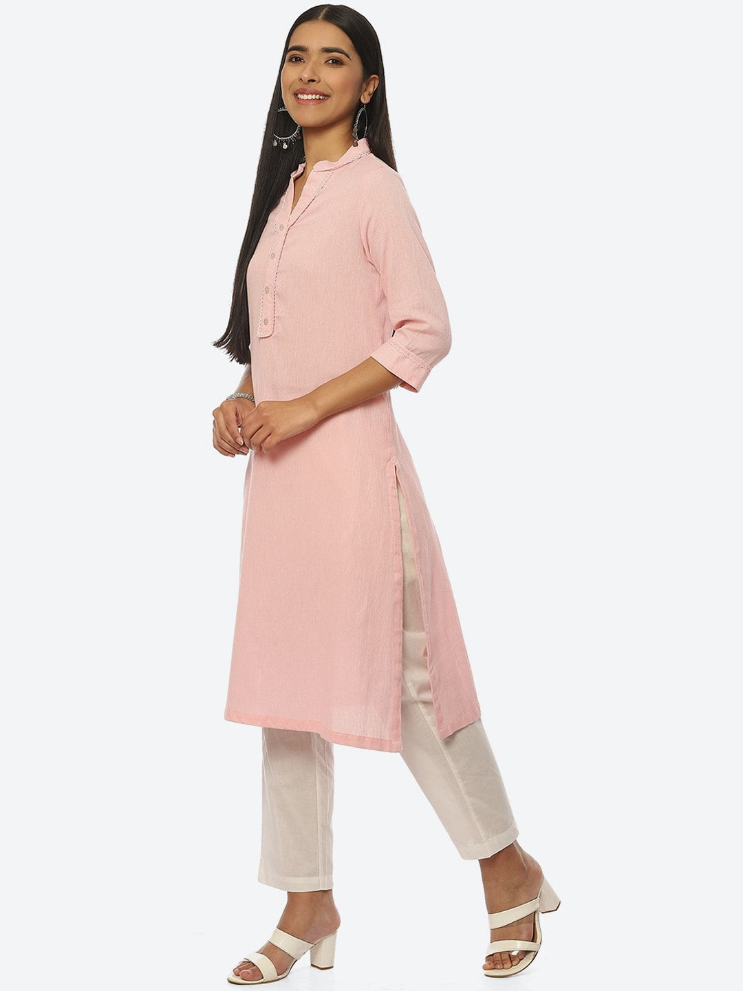 Biba Women Pure Cotton Striped Mandarin Collar Kurta - Distacart
